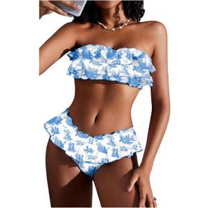 WDIRARA Women's Floral Bikini Set 2 Piece Bandeau Layered Ruffle Swimsuit Strapless Bathing Suit (Large, Blue and White)