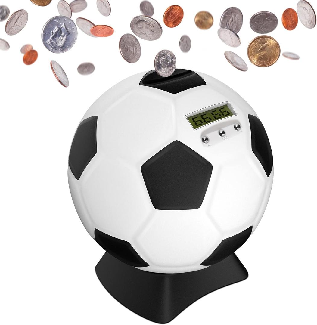 MOMMED Piggy Bank for Boys,Digital Bank,Soccer Ball Piggy Bank,Soccer Gifts for Boys,Coin Bank with Football Look,Coin Bank with Automatic LCD Display(Small) (Black-white)