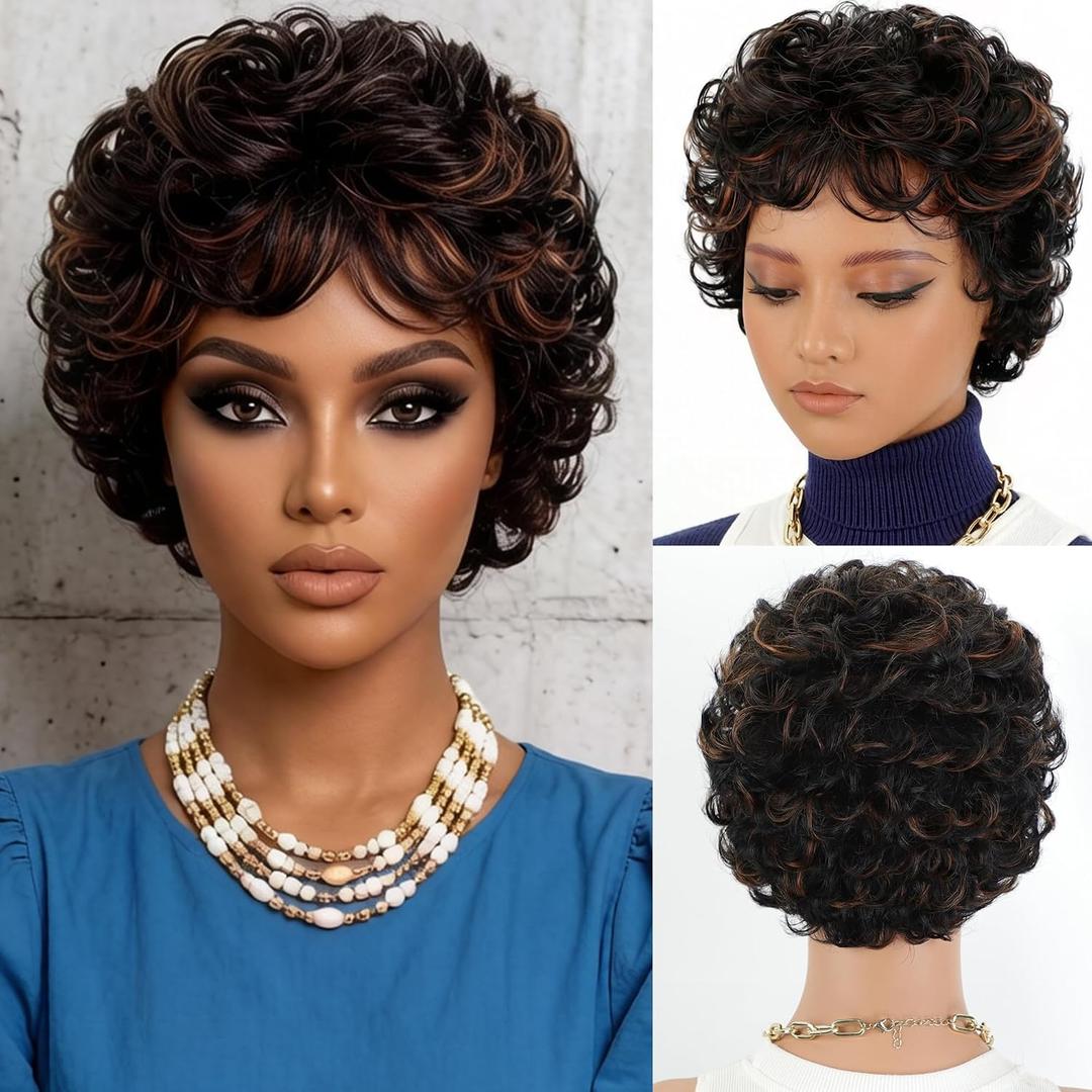 XIUFAXIRUSI XIUFAXIRUSI Short Brown Mix Black Curly Wigs for Black Women with Bangs Pixie Cut Curly Bob Short Hair Wigs for Women Mix Auburn Brown Synthetic Natural Afro Wigs for Daily
