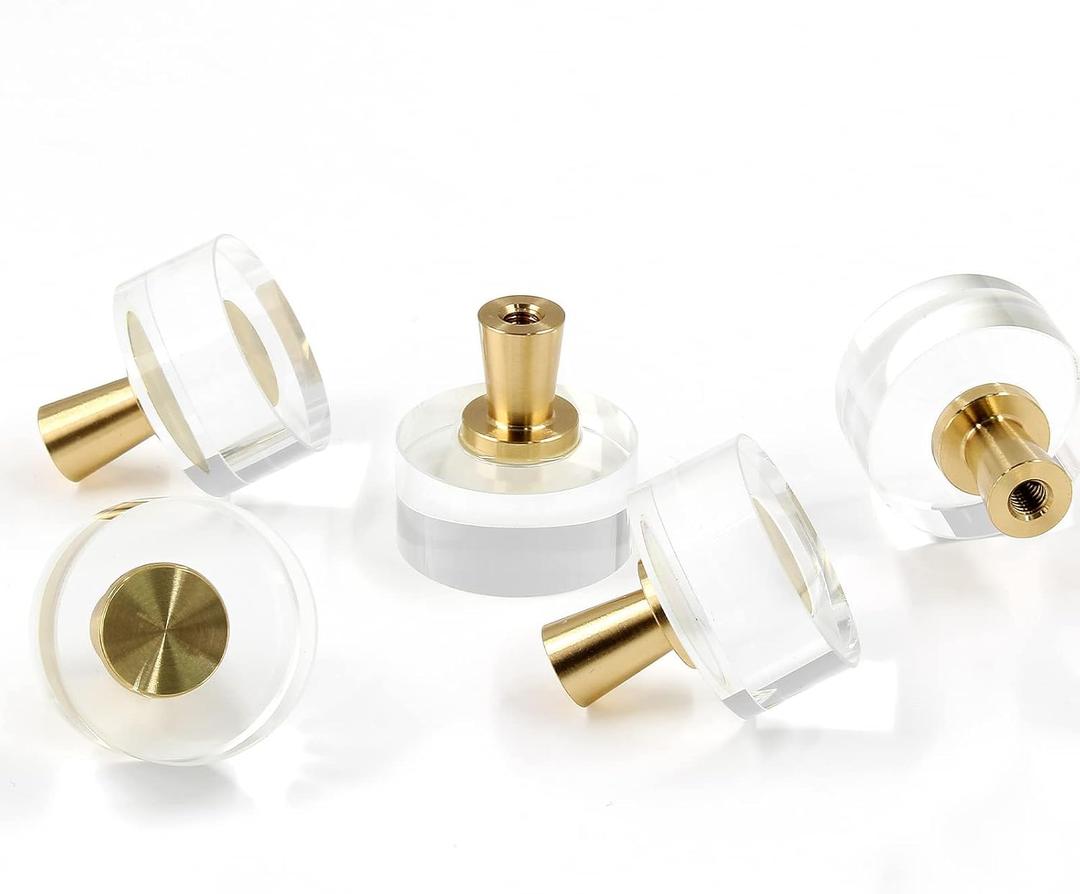 6Pcs Acrylic Round Cabinet Knobs - Gold Lucite Knobs, Clear Glass Dresser Pulls Crystal Decorative Draw Knob Luxury Vanity Knob Solid Brass Furniture Pull for Cupboard Kitchen Drawer