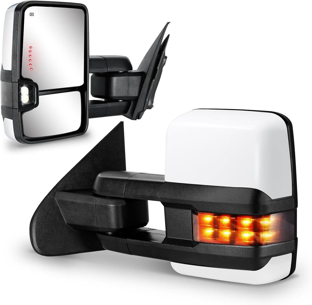 Towing Mirrors for Chevy Silverado/GMC Sierra 1500 (2014 2015 2016 2017 2018), 2500HD 3500HD (2015 2016 2017 2018 2019) Turn Signal/Running Lights Power Heated (Painted White), Dotted Light