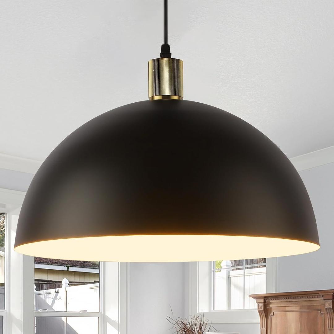 Black Pendant Light Fixtures, 15.7 Inch Large Dome Pendant Lighting Farmhouse Vintage Chandelier for Kitchen Island Dining Room
