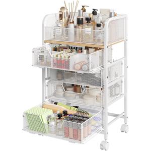 Hongtamoya Makeup Cart Organizer with 4 Drawers, Large Floor Skincare Organizers, Vanity Storage Organizer Cosmetics Display Cases for Skin Care Perfume Nail Polish, White