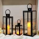 TRIROCKS Metal Candle Lantern Set of 3 - Assorted Sizes (9/15.5/19.5 Inch) - Tall Decorative Hanging Lanterns with Tempered Glass Panels Indoor & Outdoor Home Decor for Parties & Events - Black Finish