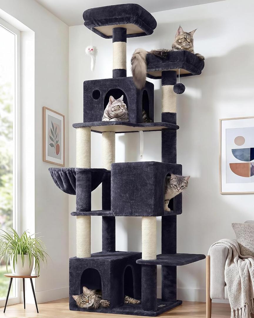 Globlazer Cat Tree Tall, 71 inches Cat Tower for Indoor Adult Cats Multi-Level 3 Condos for Indoor Cats XL Cat Tree Tower with Scratching Posts, Soft Extra Large Hanging Basket, F71, Dark Gray