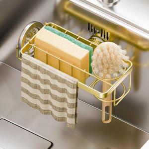 TAILI 4-in-1 Sponge Holder for Kitchen Sink with Strong Suction Cup Removable, Rustproof Aluminum Sink Caddy for Sponge, Brush, Scrubber, Scraper -Gold