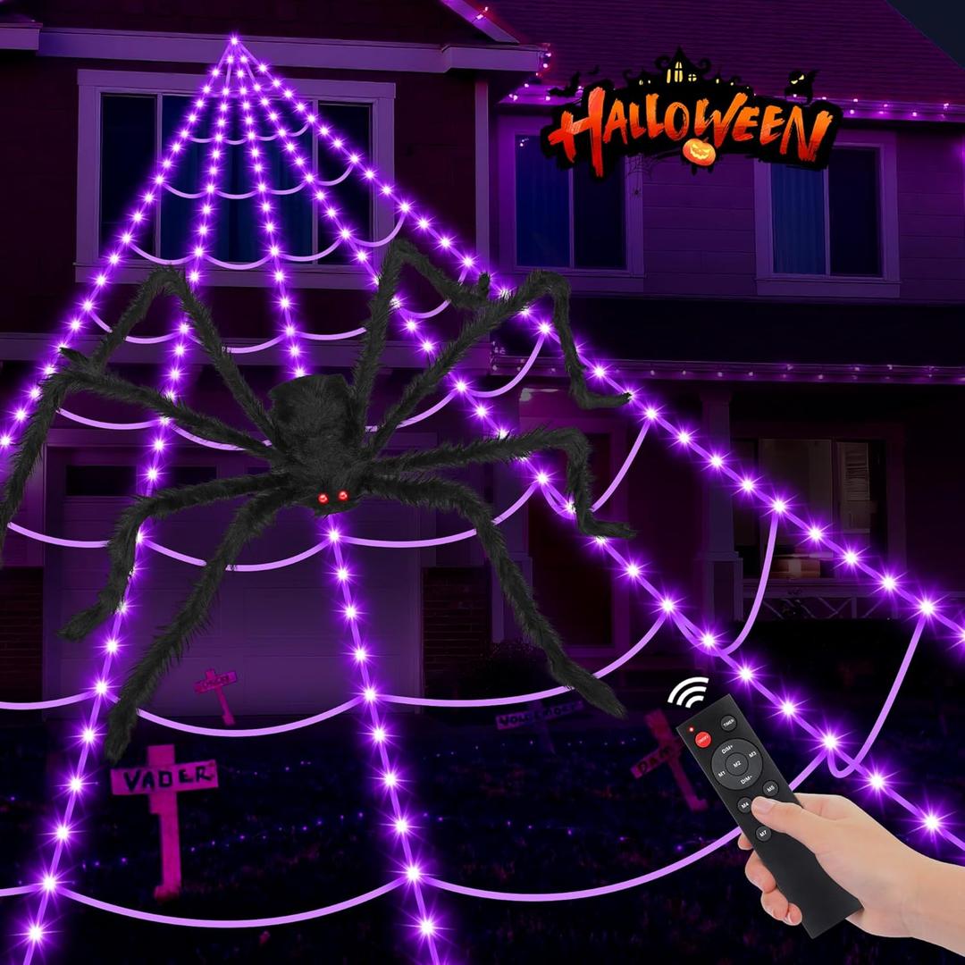 Halloween Spider Web Lights 250 LED: 19.68Ft Outdoor Web Halloween Decorations with Purple Lights - Halloweens Decor Light with 8 Modes Waterproof & Timer for Outdoor Indoor Yard Haunted House