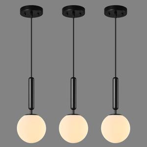 Modern Hanging Light Fixture Pendant Lighting for Kitchen Island Mid Century Black Pendant Lights with Globe Milky White Glass Pendant Light for Bedroom Bathroom Entryway (3 Pack)