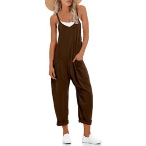 UNIANKIYA One Piece Jumpsuits for Women Casual Overalls Sleeveless Strap Rompers Travel Vacation Outfits Fall Fashion Clothes (X-Large, Brown)