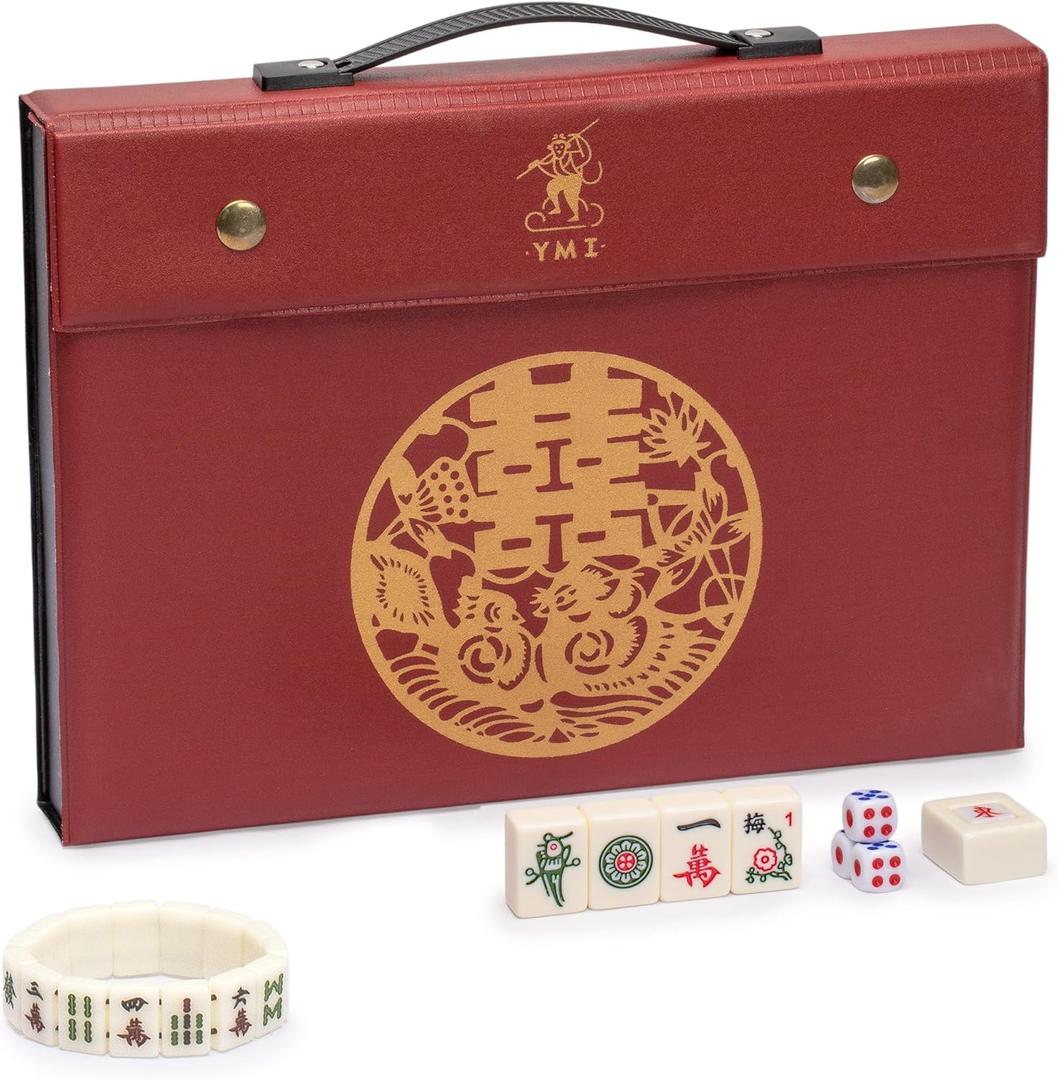 Yellow Mountain Imports Mahjong Bundle - Chinese Mahjong Set, Classic Ivory and Mahjong Mini-Tiles Stretchy Bracelet