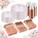 BUCLA 300PCS Rose Gold Plastic Dinnerware - Clear Dinnerware Set Disposable Include 50 Dinner Plates,50 Dessert Plates,50 Knives,50 Forks,50 Spoons,50 Cups for Party, Wedding & Mother's Day