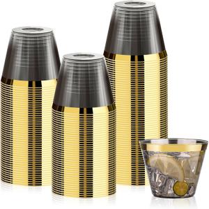 100 Pack 9 oz Black Plastic Cups, Clear Disposable Cups with Gold Rim, Plastic Cocktail Glasses for Party & Graduation & Wedding
