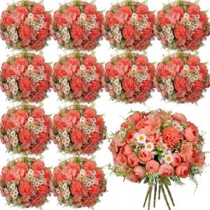 Tigeen Peonies Artificial Flowers Faux Roses Silk Flowers Hydrangea Artificial Bouquet for Wedding Table Centerpiece Floral Vase Home Office Bridal Decor(Watermelon Red,12 Bundles)