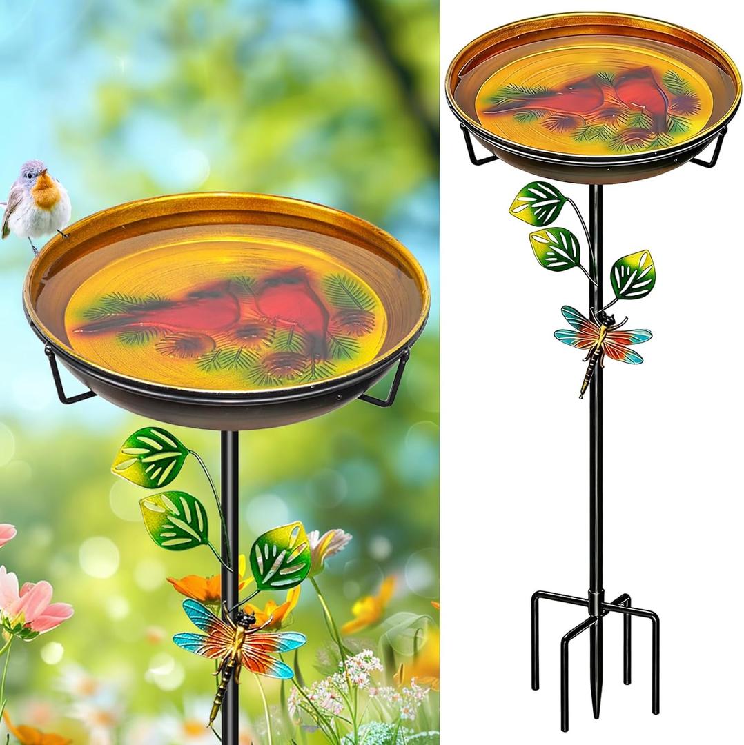 Metal Bird Bath for Outside, Freestanding Garden Birdbaths & Birdfeeder with Upgraded 5 Prongs Base, 35.4In Bird Baths Feeder Water Bowl for Outdoors Patio Yard Lawn Art Decor (Orange-Yellow)