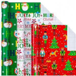 Afucus Nutcracker, Candy Cane, Snowflake Santa Gift Wrapping Paper Roll - Christmas, Holiday, Birthday (17 Inch X 33 Feet) (Christmas-Red Green White)