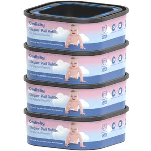 Jumbo Square Bags Refill Compatible with Diaper Genie Compact, Select Pails (Not Fit Classic), Max Odor Control, Disposal Bag Refills, Continuous Film, Holds Up to 810 Newborn Diapers, 4 Pack