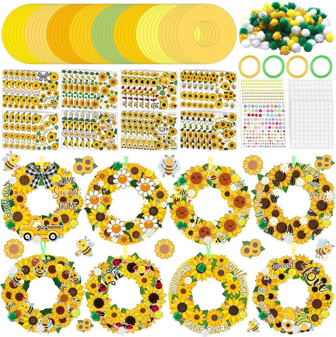 48 Sets Sunflower Craft Kits DIY Fall Wreath Hanging Ornaments Make Your Own Paper Autumn Craft with Bee Daisy Stickers for Home Summer Party Favors Activities