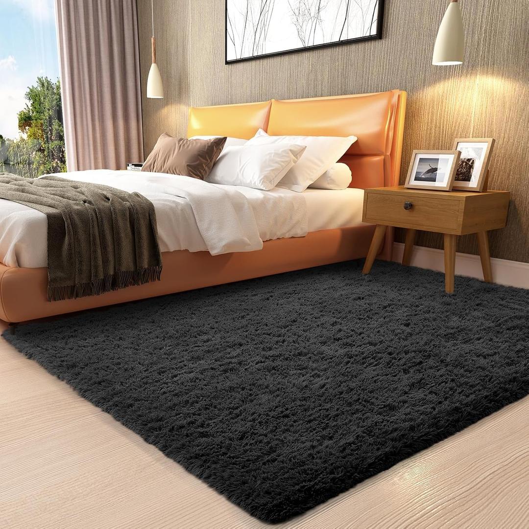3x5 Black Rugs for College Dorm, Bedroom Small Area Rug, Non-Slip Fluffy Shaggy Bedside Soft Shag Fuzzy Plush Carpet for Kids Boys Teen Home Decor Aesthetic, Nursery (3' x 5', 2- Black)