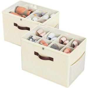 Budding Joy 2 Pack Shoe Organizer for Closet, Clear Foldable Shoe Storage Containers Adjustable Dividers Fits 16 Pairs,Shoe Storage Bins Baskets Boxes with Reinforced Handles Beige Yellow