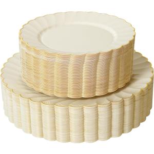 72PCS Ivory Scalloped Plastic Plates for 36 Guests, Elegant Fancy Disposable Plate with Gold Rim for Wedding Party, 36 Dinner Plates, 36 Dessert Plate for for Party, Bridal Showers
