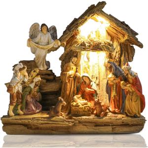 Bshine Christmas Manger Nativity Sets & Figure, 10.6x13.6 Nativity Scene Holy Family Angel and Baby Jesus, Christmas Indoor Decor Home Desktop Decor for Window Collectible Ornaments