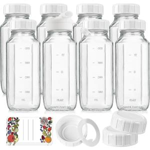 8 Pack 16 Oz Reusable Glass Milk Bottles w 100% Airtight Heavy Duty SCREW Lid w Silicone Gasket - Glass Juice Bottles w Capacity Mark - Beverage Drinking Jar Juice Container(Extra 2 Lid)