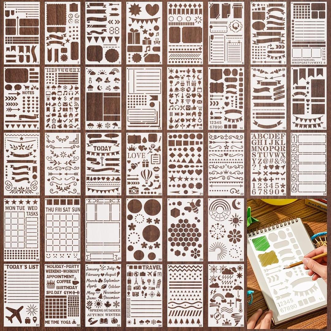 Yazhiji 36 PCS Journal Stencils, Planner Stencils for Junk Journal Notebook Diary Scrapbook DIY Drawing Template Journal Stencil 4x7 Inch