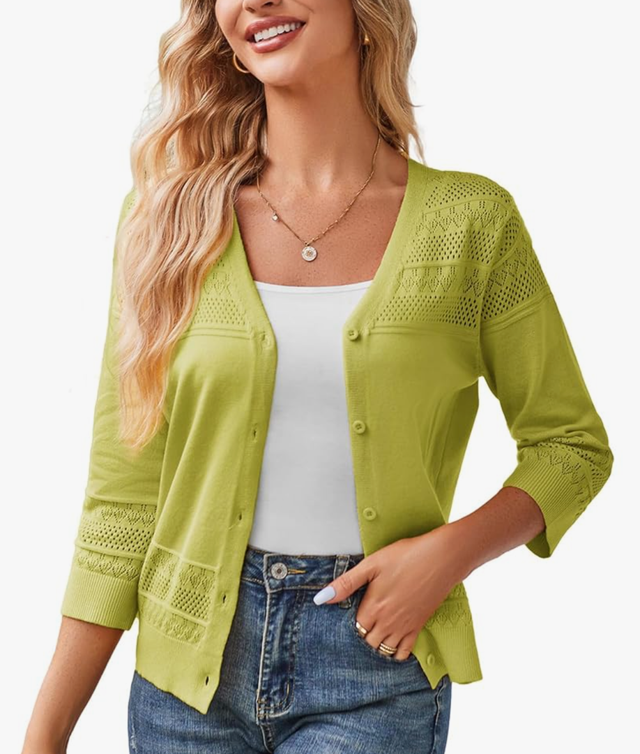 Women's 2024 Cropped Cardigan 3/4 Sleeve Lightweight Crochet Shrug Hollowed-Out Knit Sweater Tops Size XL