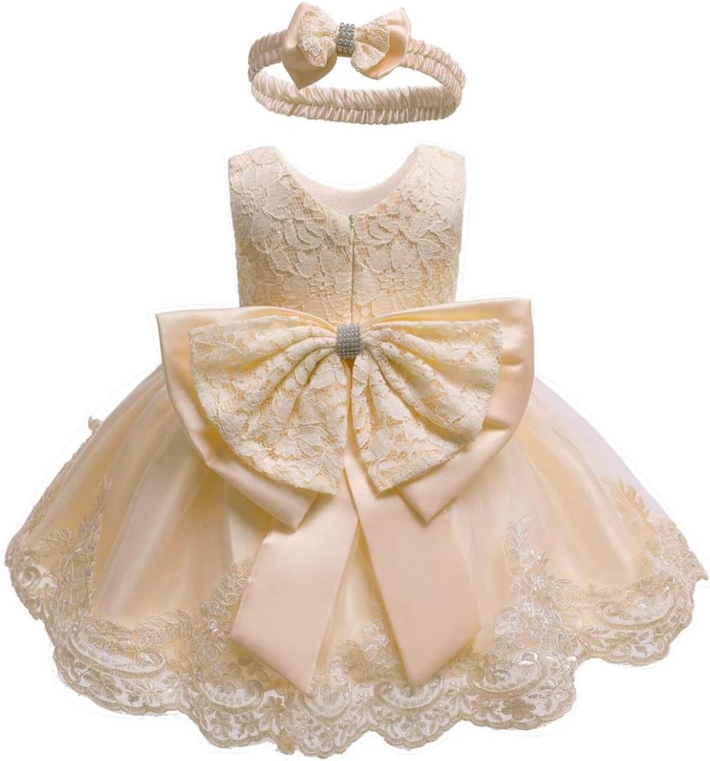 0-6T Toddler Baby Girls Embroidered Tutu Ball Gown Lace Dresses with Headwear (Beige)