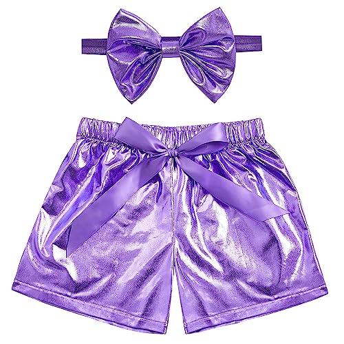 ZYBOUTIC Baby Girls Metallic Shorts Sparkle Shiny Toddler Shorts PU Faux Leather Girls Birthday Short Pants Halloween Christmas Newyear Purple 5-6years