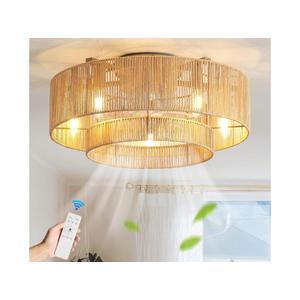 20 Inch Boho Caged Ceiling Fans with Lights Flush Mount, Layered Rattan Ceiling Fan with Light Remote Control with Reversible 6 Speeds for Bedroom, Nursery, Living Room, E12 Base, Indoor