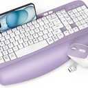Wireless Keyboard and Mouse Combo, Wave Keys Full-Sized Ergonomic Keyboard with Cushioned Plam Rest, Phone Holder, Comfortable Natural Typing, 2.4G Cordless Set for Computer, Laptop, Pc, Mac, Windows (Purple)