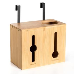 RIVAA Eco-Friendly Bamboo Trash Bag Holder - Complete with Built-in Dispenser, Removable Hinged Lid, and Sleek Design for Space Saving and Convenience!