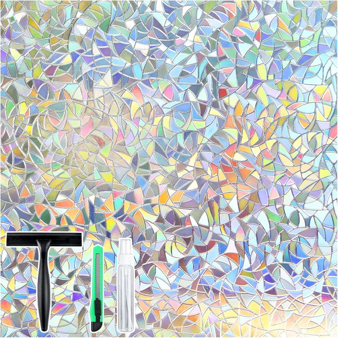 rabbitgoo Window Privacy Film Stained Glass Rainbow 3D Prism Decorative Iridescent Window Sticker Static Cling Suncatcher UV Protection for Home Heat Control, 17.5" x 118.1" (Clear)