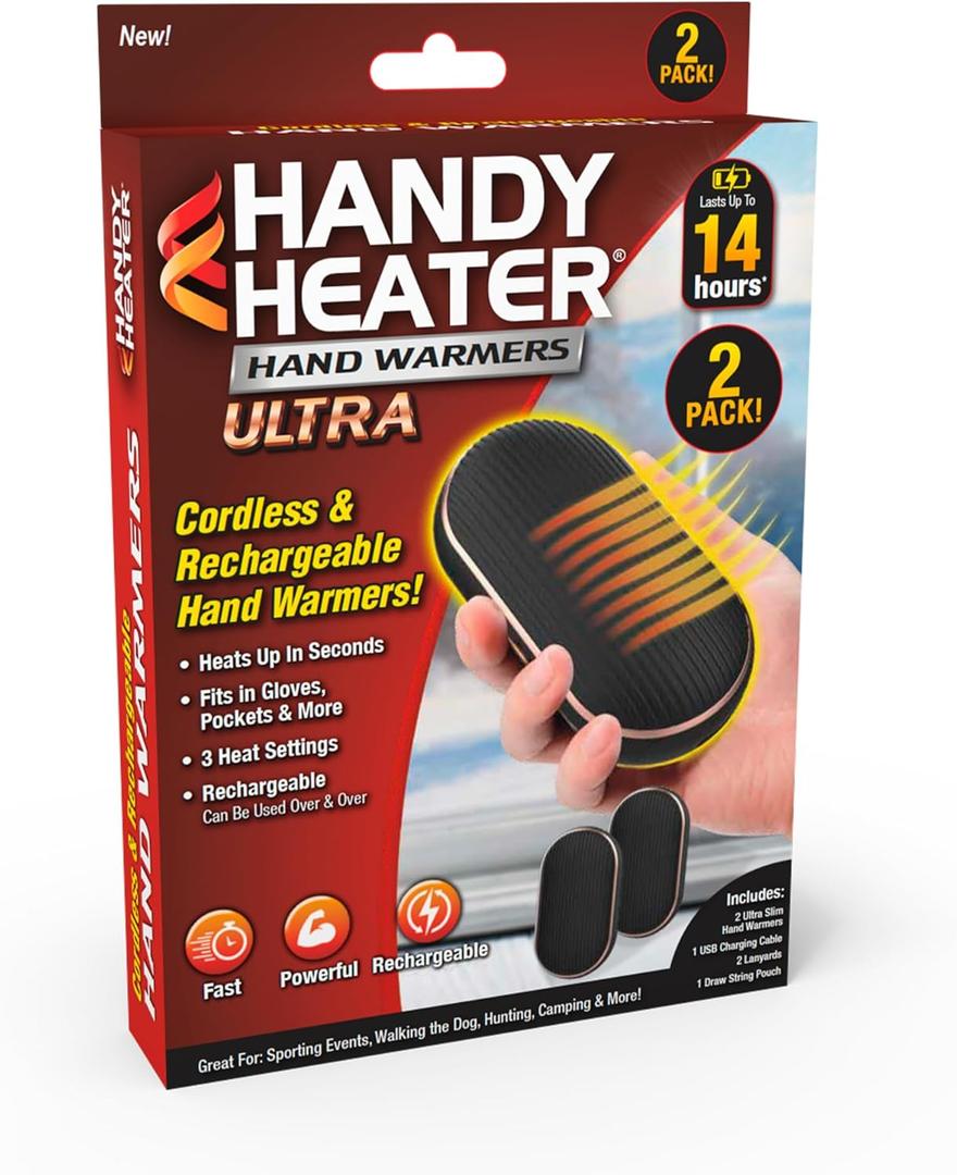 Handy Heater Hand Warmers Ultra - Rechargeable & Cordless with 3 Heat Settings - Portable, Battery Powered, Lightweight - Up To 7 Hours of Run Time Per Warmer - Cold Weather & Camping Hand Heater