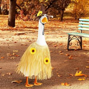 Porch Goose Outfit Scarecrow Porch Goose Costume with Felt Hat Raffia Straw Dress Sunflower for 23" Cement Plastic Geese Thanksgiving Outdoor Statue Patio Yard Lawn Art