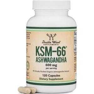 Double Wood Supplements Ashwagandha KSM 66 Organic and Clinically Studied Extract (600mg Per Serving, 120 Capsules, 60 Servings) Adaptogen Cortisol Manager for Women and Men, EXP 08/2028