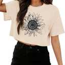 Binshre Womens Short Sleeve Crops Tops Summer Graphic Tees Crew Neck Cropped T Shirts Casual Loose Fit Blouse (X-Large, Beige-sunflower)