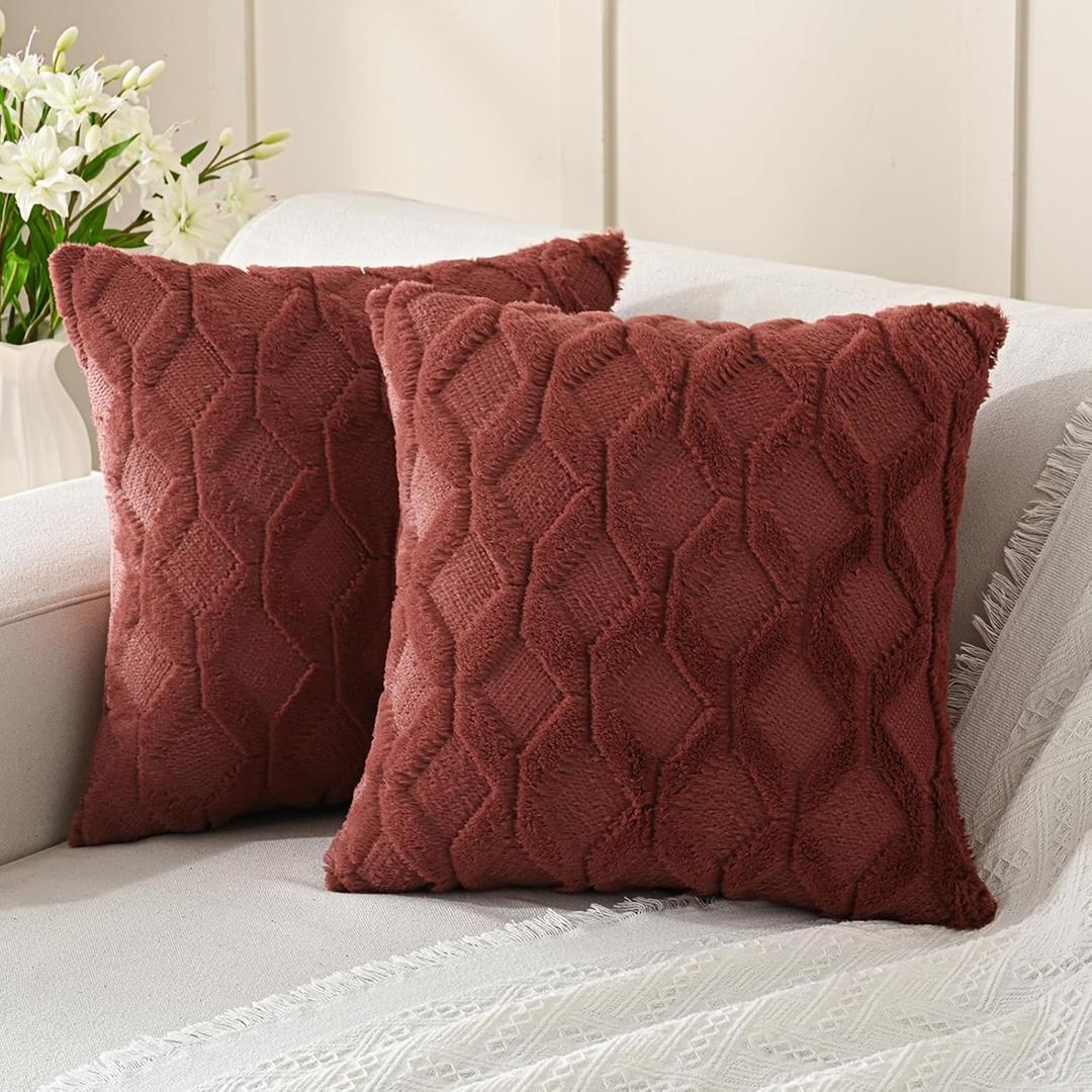 Volcanics Pack of 2 Faux Wool Throw Pillow Covers 20x20 Inches Decorative Farmhouse Velvet Couch Pillow Case Soft Plush Square Boho Cushion Pillowcase, Rust Red