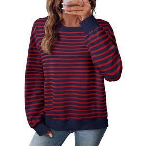 SHEWIN Oversized Sweatshirt for Women Crewneck Striped Shirt Long Sleeve Tops Pullover Womens Fall Fashion 2025 (Medium, Navy Blue/Red)