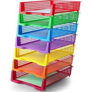 Ripeng 7 Pack Stackable Plastic Paper Bins in Bright Colors Desk Letter Organizer Tray Teacher Office Files Document Storage Playroom Organization Basket for Kids and Classroom
