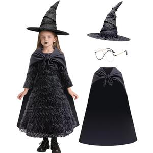 Girls Halloween Costume Dress Black Witch Costume Dresses Kids Music Movie Cosplay with Hat Eyeglasses (9-10 Years)