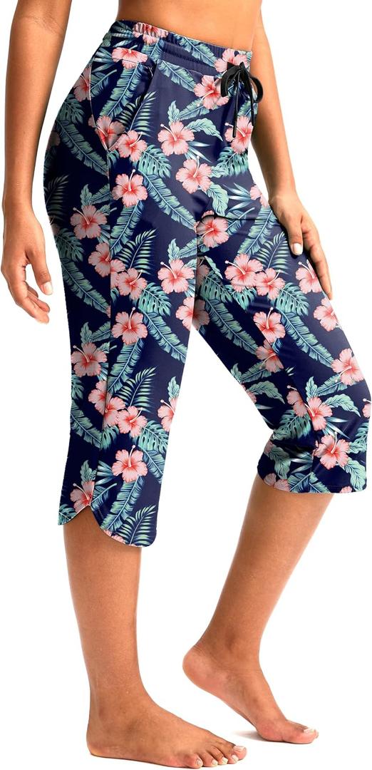 Pudolla Women's Swim Capris 18" Quick Dry UPF50+ Swimsuit Pants Long Board Shorts for Women with Pockets (Blue, M)