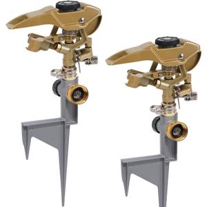 Biswing 2 Pack Impact Sprinklers on Metal Step Spike, Heavy Duty Zinc Alloy Lawn Sprinkler Head on Spike Base, Adjustable 360 Degree Watering Sprinkler for Large Area Grass Garden Irrigation