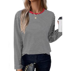 LilyCoco Boat Neck Tops for Women Striped Long Sleeve Shirt Breton Loose Fit Tshirt Red Large