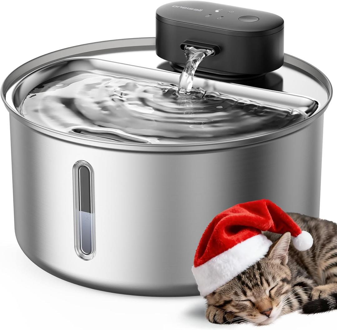 oneisall Cat Water Fountain Wireless: Stainless Steel 3.2L/108oz Cordless Pet Water Fountain, Ultra Quiet SilentFlow Pump, Battery Operated Automatic Water Dispenser for Cats Indoor, Motion Sensor