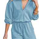 Fixmatti Women Zip up Romper Long Sleeve V Neck Drawstring Waist Casual Shorts Jumpsuit with Pockets 