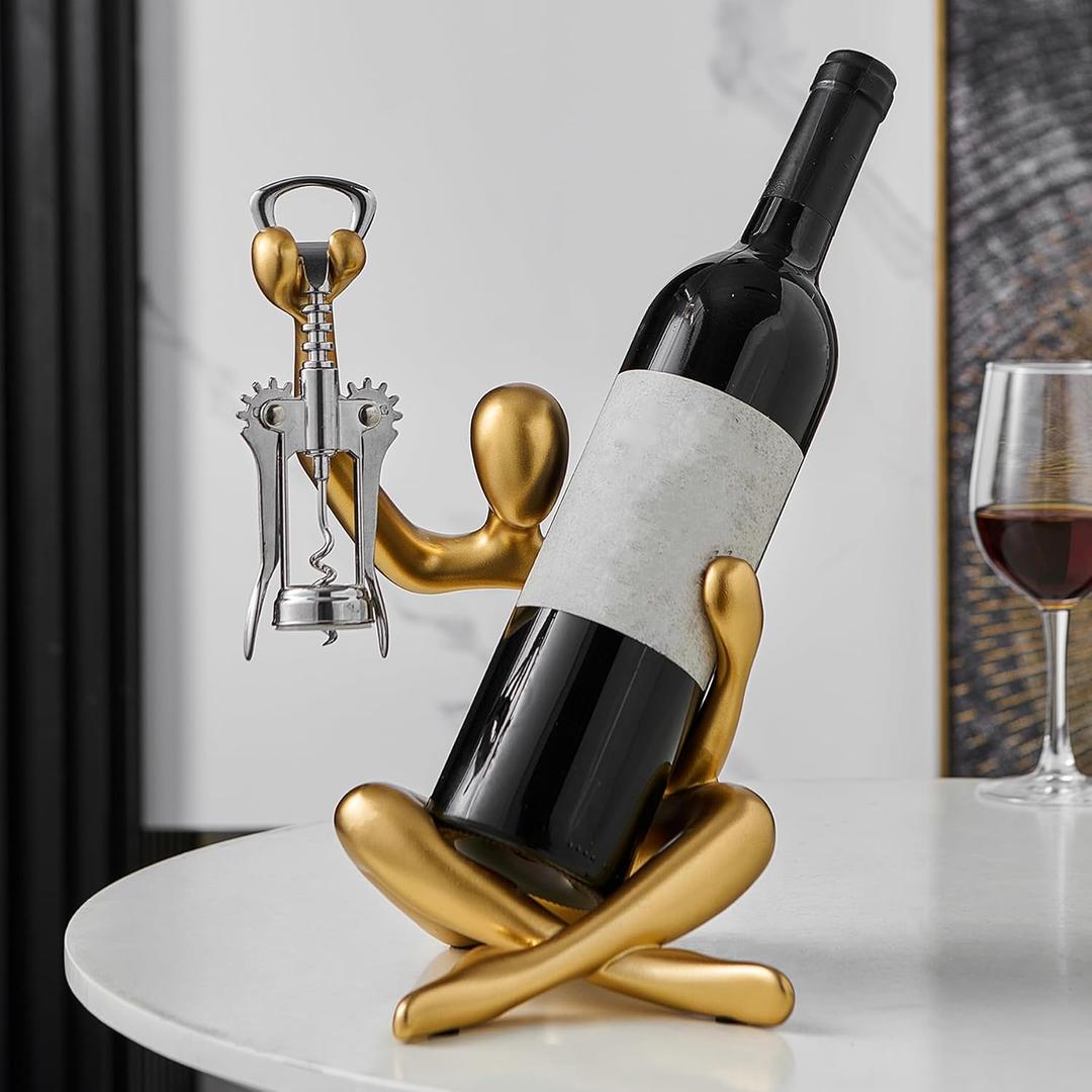 Thinker Statue Wine Rack, Gold Modern Rack for Kitchen Table Decor, Single Wine Bottle Holder Countertop for Bar, Small Bottle Holder Rack, 7 inches x 7.36 inches x 10.6 inches