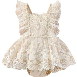 Sasaerucure Infant Baby Girl Summer Outfits Sleeveless Dress Romper Lace Tutu Onesie One Piece Ruffle Bodysuit (12-18 Months, Khaki)