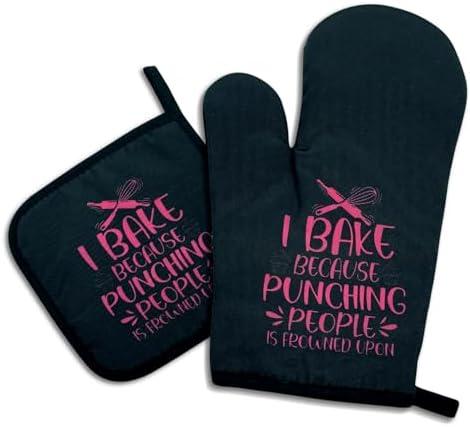 I Bake Because Punching People is Frowned Upon,Funny Oven Mitts and Pot Holders,Silicone Non-Slip Oven Mitts,Bake Lover Gift,Chef Gift,Housewarming Gift Ideas